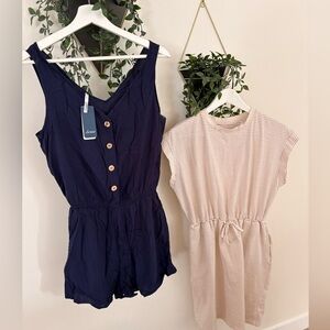 Navy Button-Front Romper and Striped Dress Set